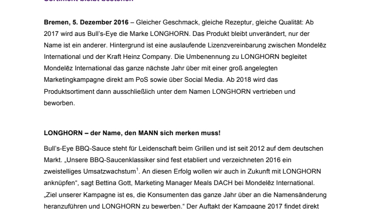 Aus Bull’s-Eye von Mondelēz International wird LONGHORN