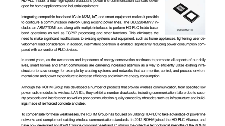 The World’s First* HD-PLC Inside Compliant Baseband IC -Configure high-speed broadband home networks using existing power lines-