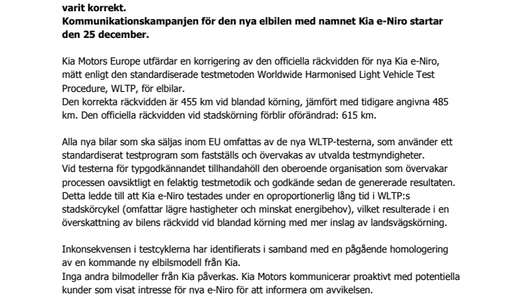 ​Korrigerad räckvidd och ändrat namn – Kia e-Niro