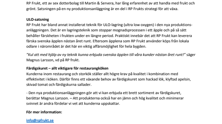 RP Frukt inviger ny produktionsanläggning i Hässleholm