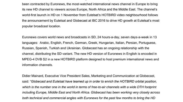 Globecast launches new Euronews HD channel at Eutelsat HOTBIRD position