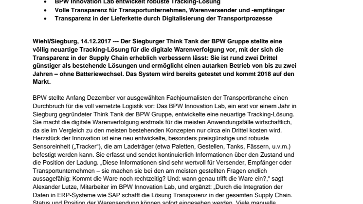 Durchbruch für die digitale Warenverfolgung: BPW Innovation Lab macht Fracht-Tracking bezahlbar
