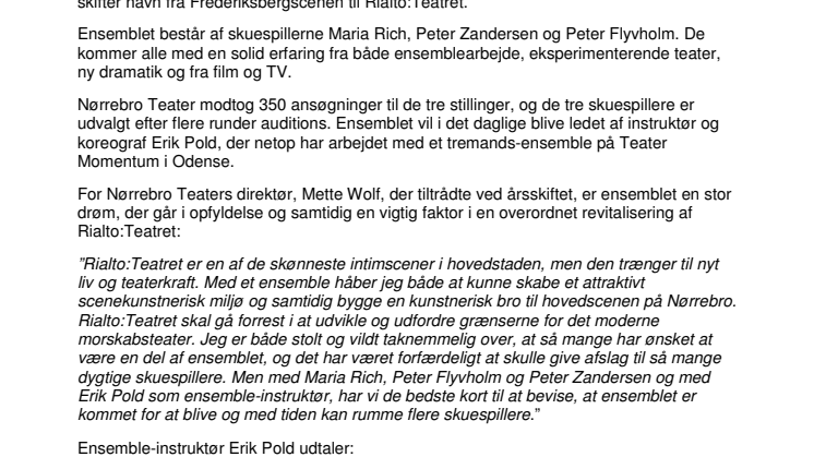 Offentliggørelse af Nørrebro Teaters nye ensemble