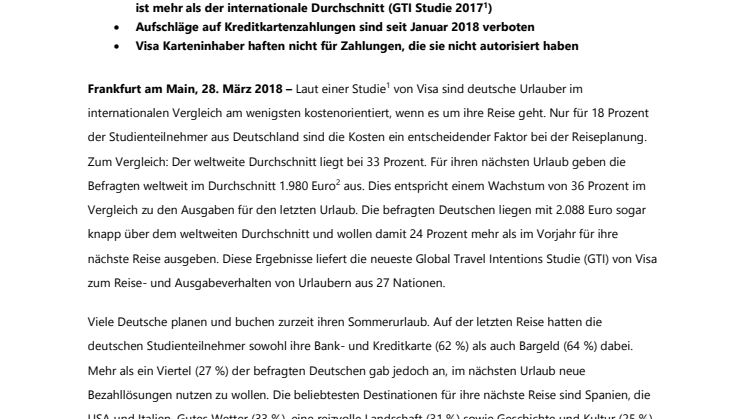 Visa Travel Studie: Die Deutschen wollen mehr Geld für ihren nächsten Urlaub ausgeben