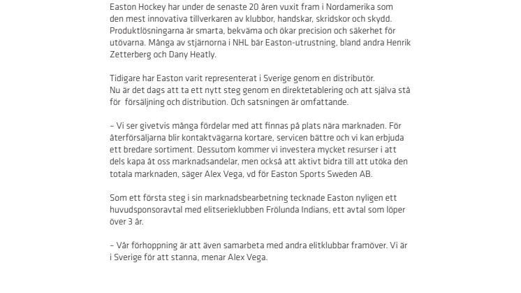 Easton Sports storsatsar på den svenska hockeymarknaden