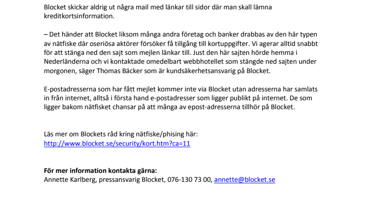 Phising-mejl med falsk Blocket-avsändare