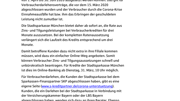 Stadtsparkasse München führt Krediterleichterungen wegen Corona ein
