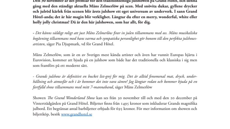 Måns Zelmerlöw The Grand Wonderland Show pm