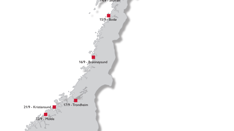 Destinasjonskart over jubileumsturneen med datoer