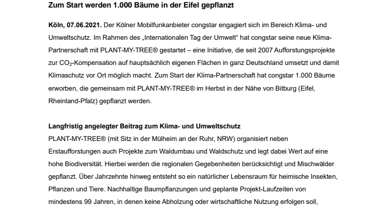 congstar startet neue Klima-Partnerschaft mit PLANT-MY-TREE®