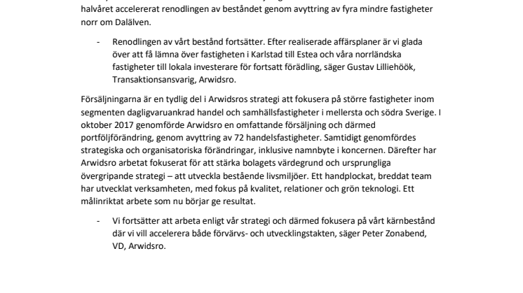 Arwidsros strategiska renodling fortsätter – säljer fastigheter 