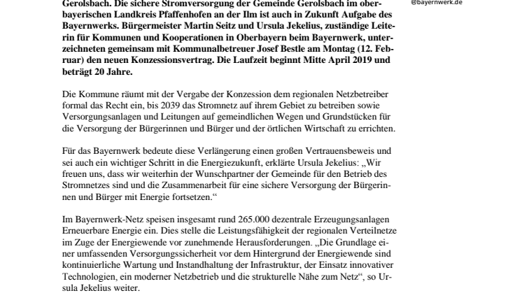 Gerolsbach und Bayernwerk bleiben Partner bei der Stromversorgung