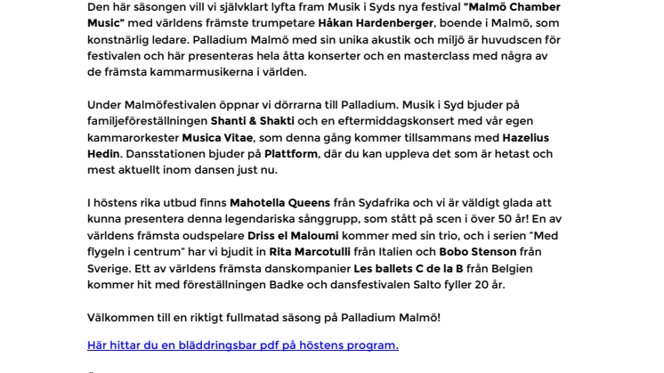 Musik i Syd presenterar höstens program på Palladium Malmö