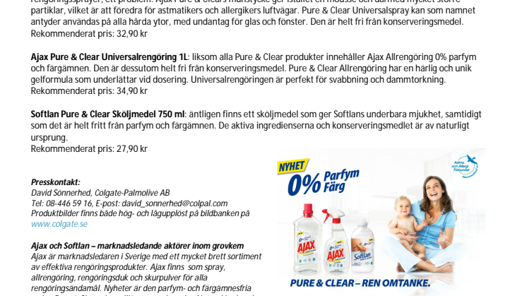 NYHET! - Parfymfri rengöring och sköljmedel från Ajax och Softlan!