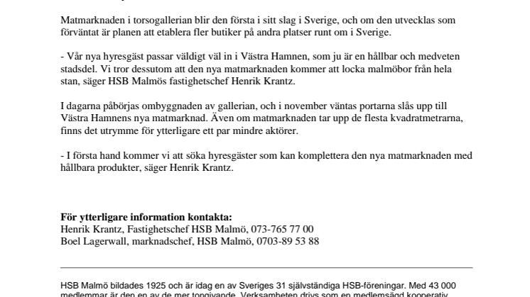 Medveten matmarknad öppnar i gallerian vid HSB Turning Torso 
