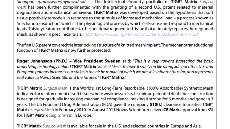 Novus Scientific Announces a New U.S. Patent for a Mesh Implant Comprising Two Different Resorbable Materials with Different Degradation Times and Specific Mechanical Behaviours; U.S. Patent No. – 8,083,755