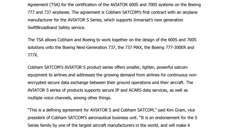 Cobham SATCOM: Boeing Signs First Contract for AVIATOR S Product Family