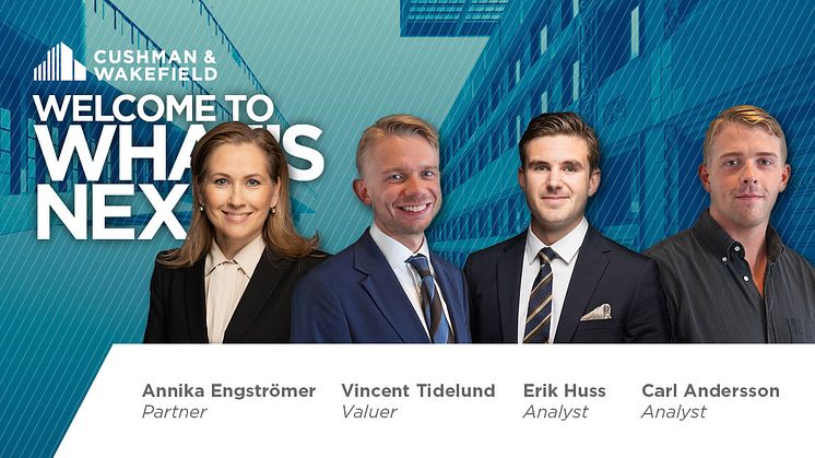Cushman & Wakefield har förstärkt Valuation & Strategic Advisory med flera nya medarbetare. Från vänster; Annika Engströmer, Vincent Tidelund, Erik Huss och Carl Andersson.
