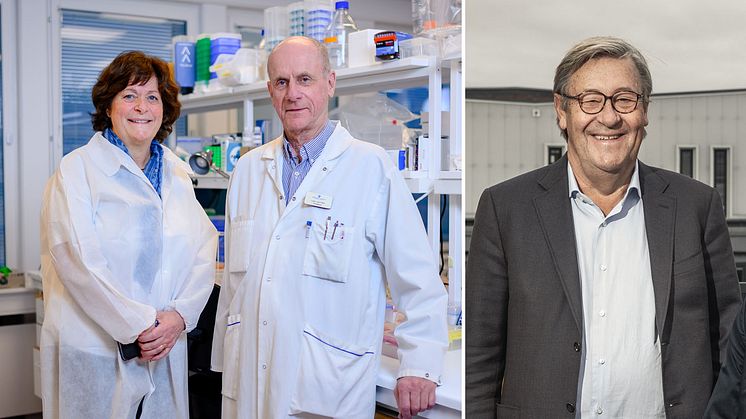 BioArctic’s co-founder Lars Lannfelt and CEO Gunilla Osswald receive the Uppsala University Innovation and Entrepreneurship Award together with co-founder Pär Gellerfors. Photo: Simon Hastegård/Bildbyrån and BioArctic