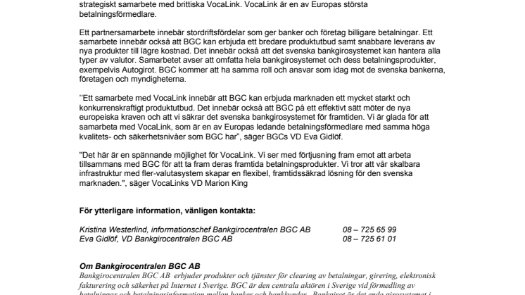 Bankgirocentralen BGC AB inleder strategiskt samarbete med brittiska VocaLink 