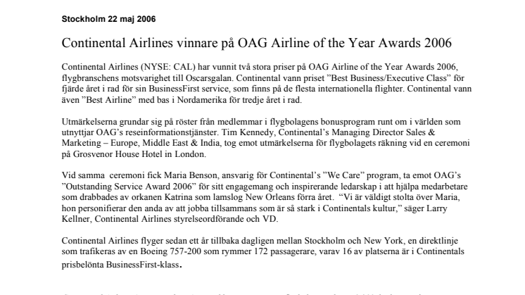 Continental Airlines vinnare på OAG Airline of the Year Awards 2006