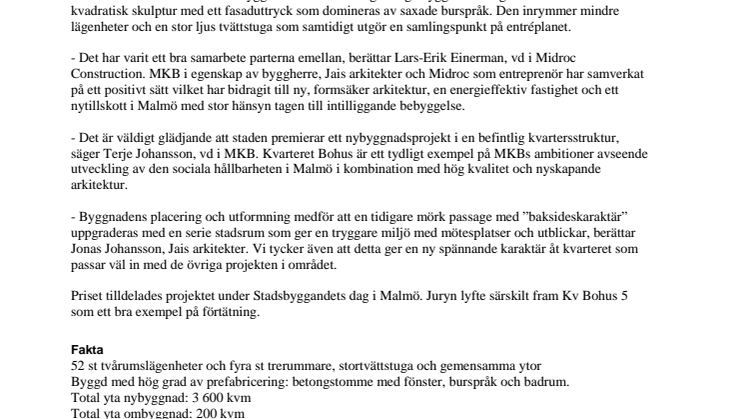 Kv Bohus klassvinnare till Årets Stadsbyggnadspris i Malmö