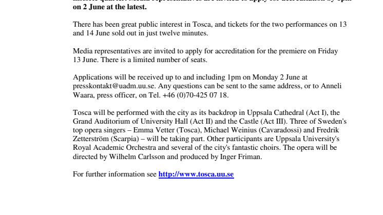 Time for accreditation for Tosca