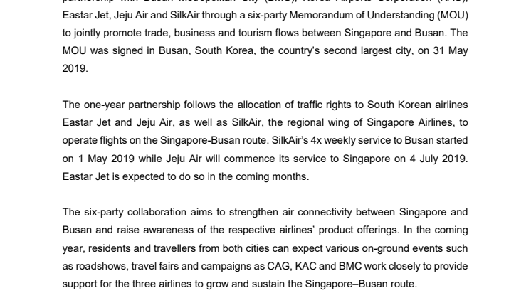 Multi-party partnership paves way for collaboration to promote travel and trade between Singapore and Busan
