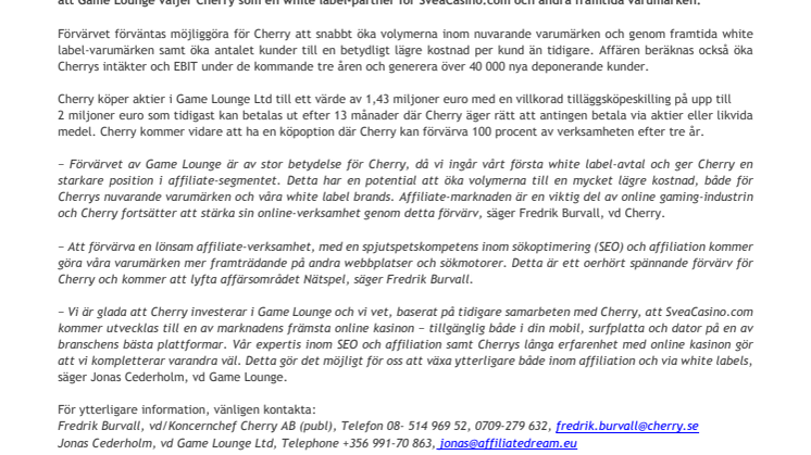 Cherry förvärvar 51 procent av aktierna i ledande affiliatebolaget Game Lounge