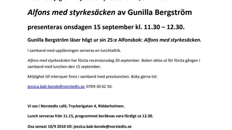Påminnelse: Presslunch 15/9 kl 11.30 för Alfons med Styrke-säcken: