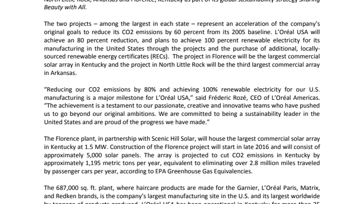 2020 mål for CO2 reduktion overstiger forventningerne med to solenergi projekter på fabrikker i Kentucky  og Arkansas