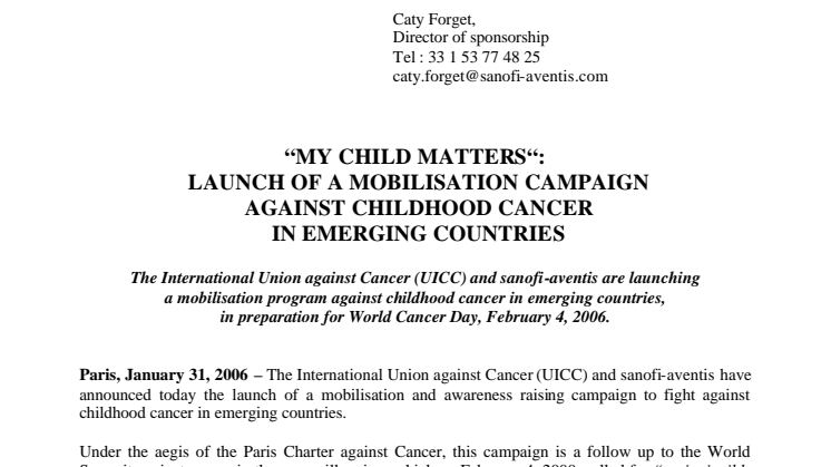 MY CHILD MATTERS: LAUNCH OF A MOBILISATION CAMPAIGN AGAINST CHILDHOOD CANCER IN EMERGING COUNTRIES