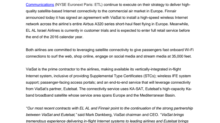 ViaSat, Eutelsat in-flight Internet partnership wins new European service contract