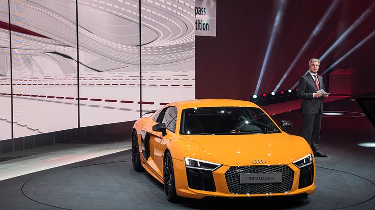 Prof. Rupert Stadler (Chairman of the Board of Management of AUDI AG); next to the new Audi R8 V10 plus on the 2015 Geneva Volkswagen Group Night