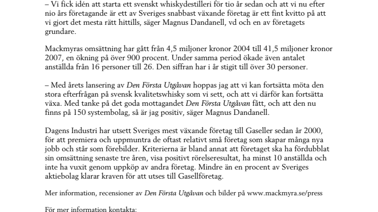 Mackmyra årets Gasellvinnare i Gävleborg 2008