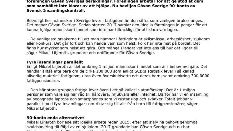 Gåvan Sverige har beviljats 90-konto
