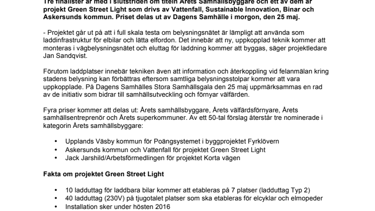 Green Street Light finalist i tävlingen Årets Samhällsbyggare