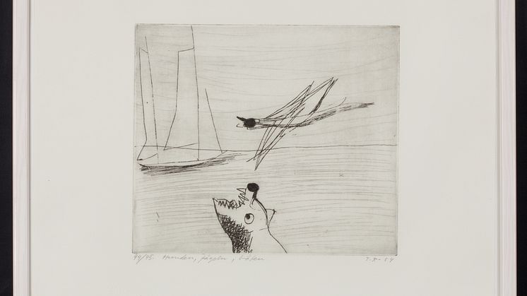 Torsten Renqvist: ”Hunden, fågeln, båten”, etsning, 1954. Ross Tensta Gymnasiums konstamling.