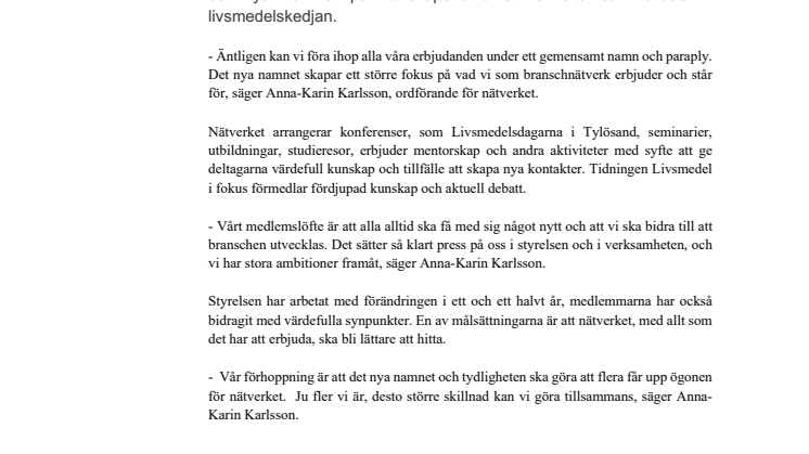 LivsmedelsFöreningen byter namn till Livsmedel i fokus
