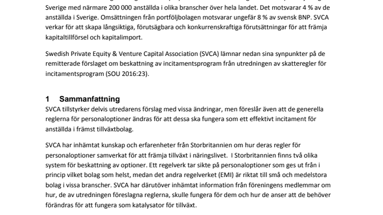 Remissyttrande – SOU 2016:23 Beskattning av incitamentsprogram