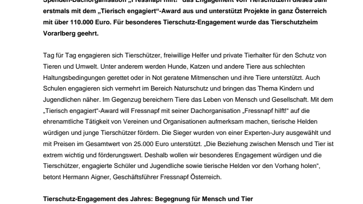Goldener Fressnapf für Vorarlberger Tierschutzheim