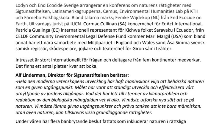 Kan naturen ha rättigheter? Earth Rights Conference lockar deltagare från fem kontinenter till Sigtunastiftelsen 21-22 april