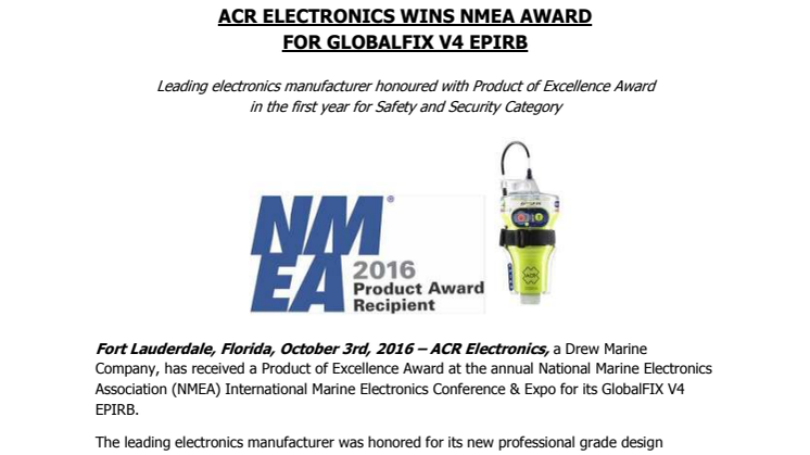 ACR Electronics: ACR Electronics Wins NMEA Award for GlobalFIX V4 EPIRB