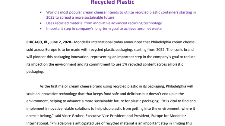 Mondelēz International Announces Significant Packaging Innovation with Philadelphia Packaging Set to be Made with Recycled Plastic