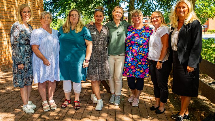 Från vänster: Anna Björnlund, enhetschef på Högalidshemmet, Birgitta Hardarsson, stjärninstruktör på Högalidshemmet, Kristina Agerius, stjärninstruktör på Högalidshemmet, Jessika Holmqvist, enhetschef Hemgården, Petra Tillgren, stjärninstruktör på He