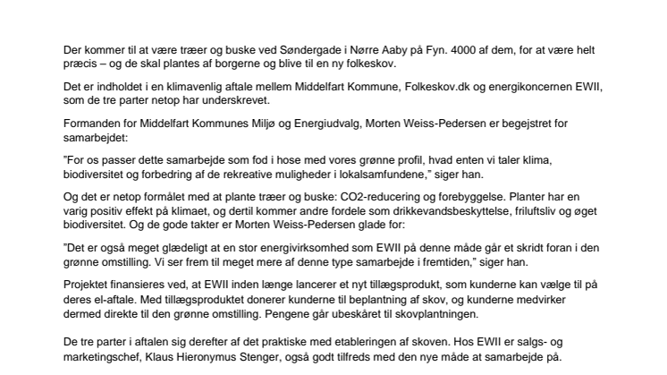 Middelfart Kommune, folkeskoven.dk og EWII vil plante træer og buske på Fyn