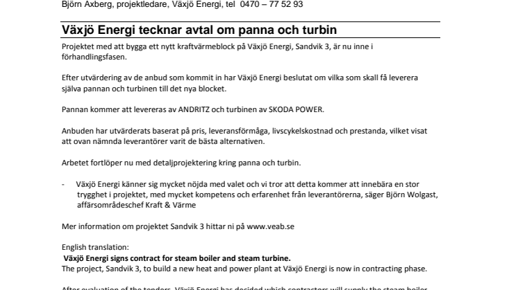 Växjö Energi tecknar avtal på panna och turbin