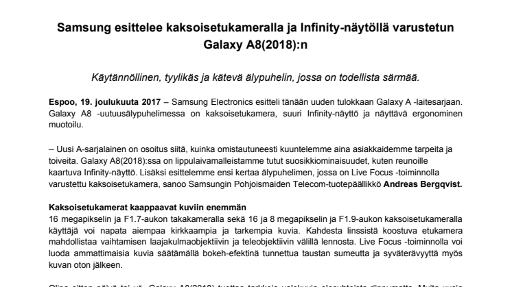 Samsung esittelee kaksoisetukameralla ja Infinity-näytöllä varustetun Galaxy A8(2018):n