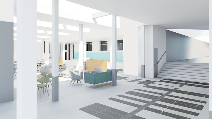 Café & bistro, foajé och trappa mot bibliotket. Uulas Arkitekter AB