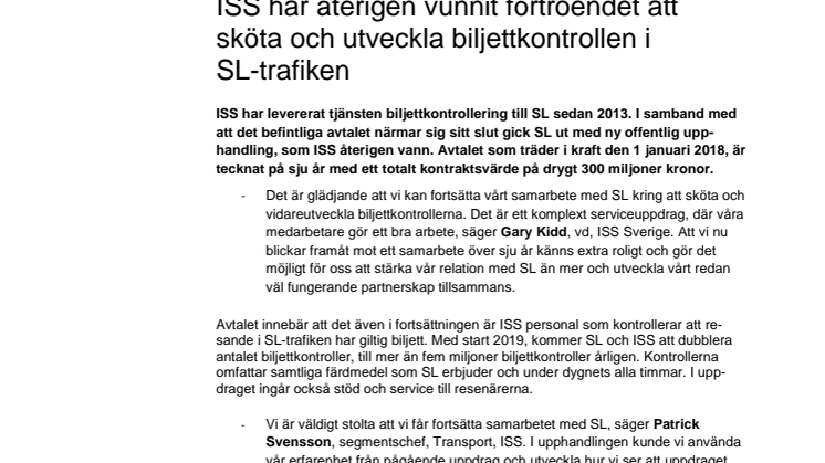 ISS har återigen vunnit förtroendet att sköta och utveckla biljettkontrollen i SL-trafiken